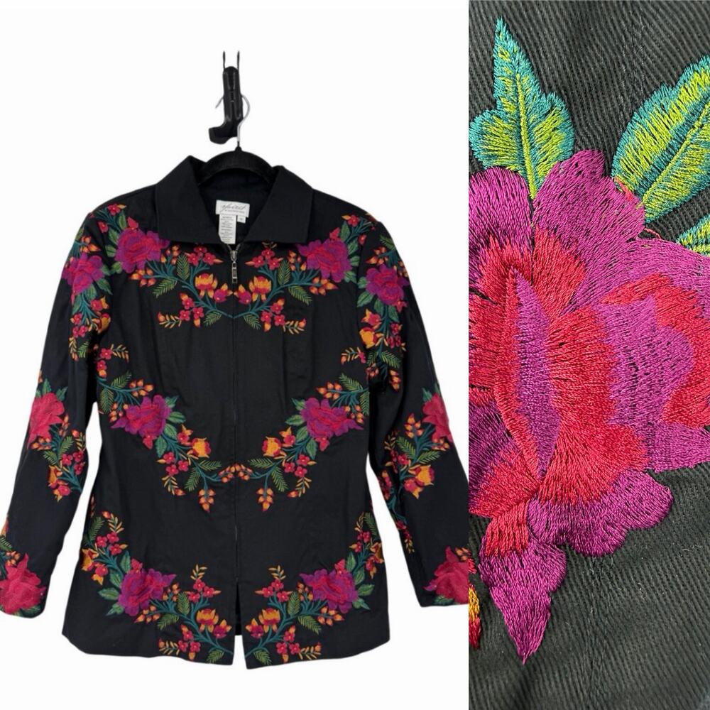 Spirit Womens Bohemian Denim Jacket Slim All Over Embroidered Roses Black Fairy